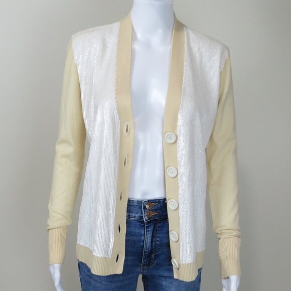 Tory Burch 100% Wool Sequined Cardigan Sweater SIZE Small Beige - Picture 1 of 15